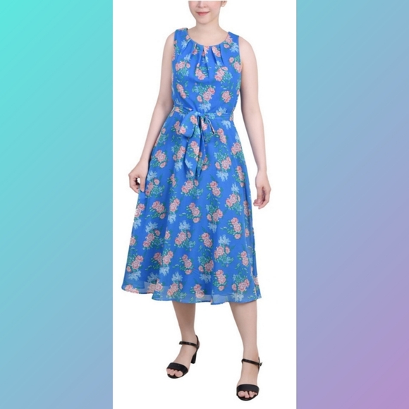 NWT NY Collection Petite Sleeveless Chiffon Belted Floral Dress - Picture 1 of 14